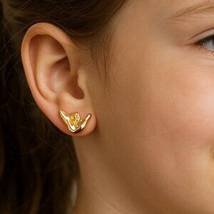 Hang Loose Earrings; Novelty Hang Loose Hands Gold Tone Stud Earrings; Great Gif